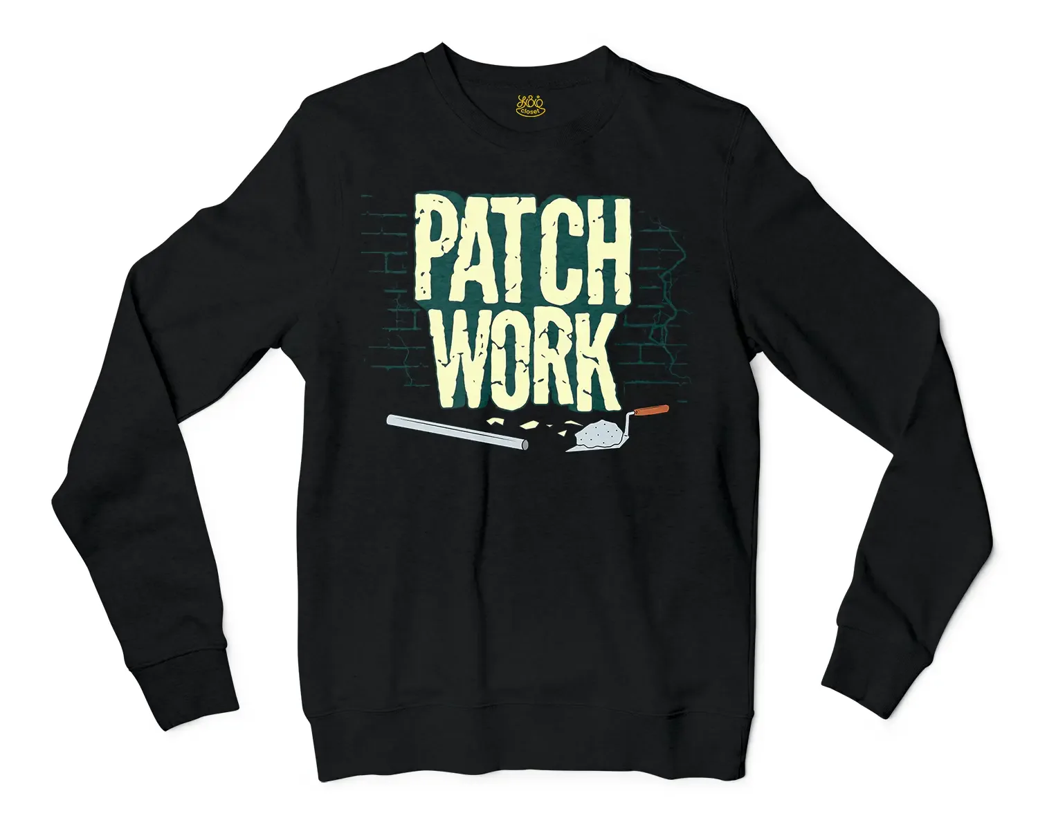 Patch Work Men/Unisex Long Sleeve Sweatshirt in Black Color