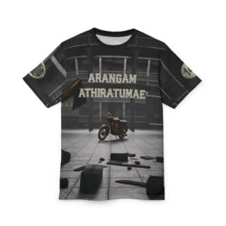 Front view of a black full-print T-shirt featuring a dramatic scene from the movie Coolie with a red vintage scooter surrounded by scattered debris, and bold text “Arangam Athiratumaae” across the chest. The sleeves show badge designs marked “Coolie” and “1421”.
