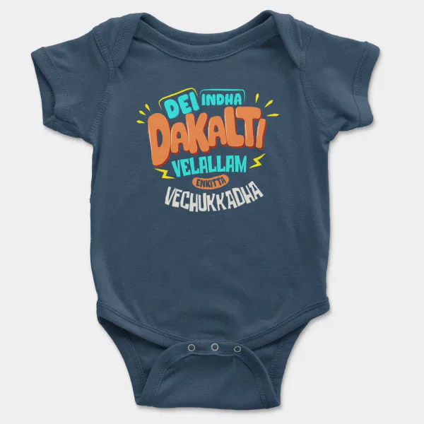 Dei Indha Dakalti Vellalam Enkitta Vechukkadha Short Sleeve Baby Onesie in Navy Color