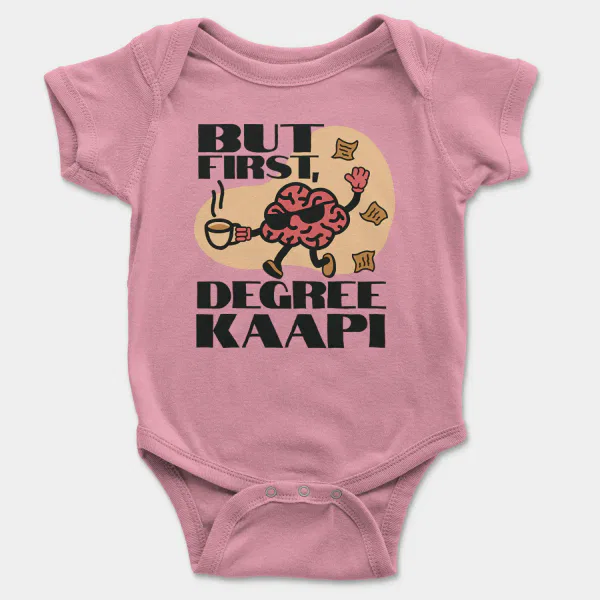 But First Degree Kaapi Short Sleeve Baby Onesie in Pink Color