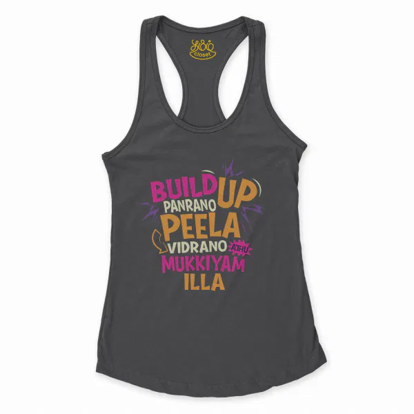 Buildup Panrano, Peela Vidrano, Athu Mukkiyam Illa Women's Racerback Tank in Solid Black Color