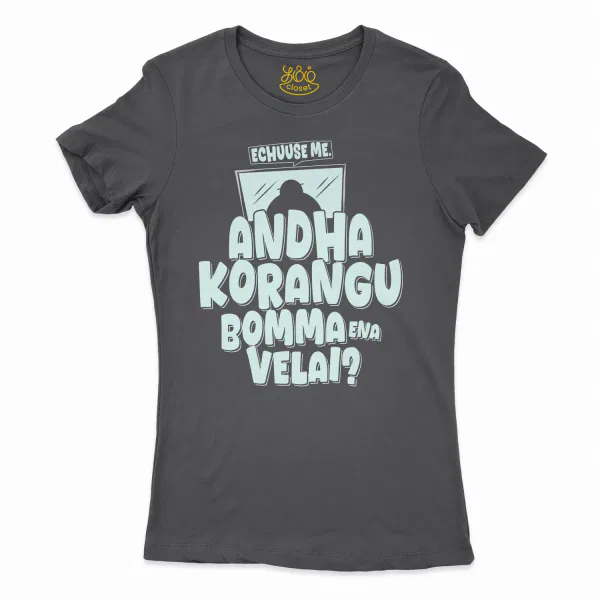 Echuuse Me Andha Korangu Bomma Ena Velai? Women’s T-Shirt in Solid Black Color