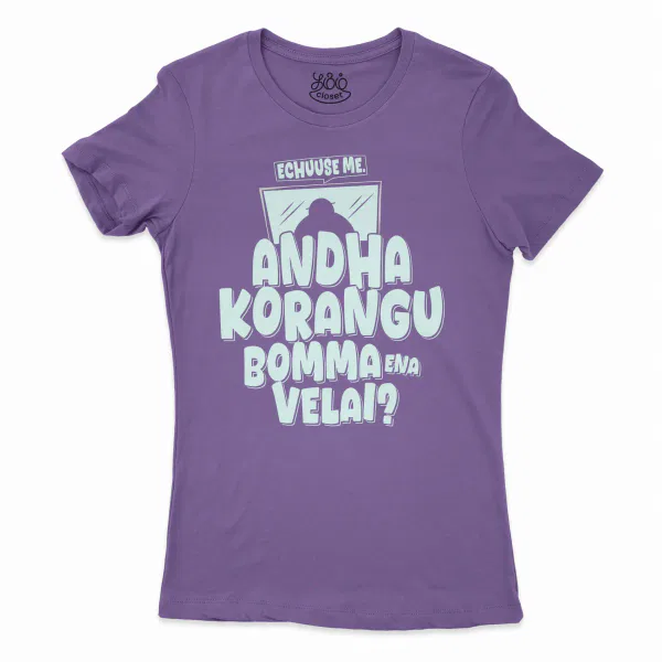 Echuuse Me Andha Korangu Bomma Ena Velai? Women’s T-Shirt in Solid Purple Rush Color