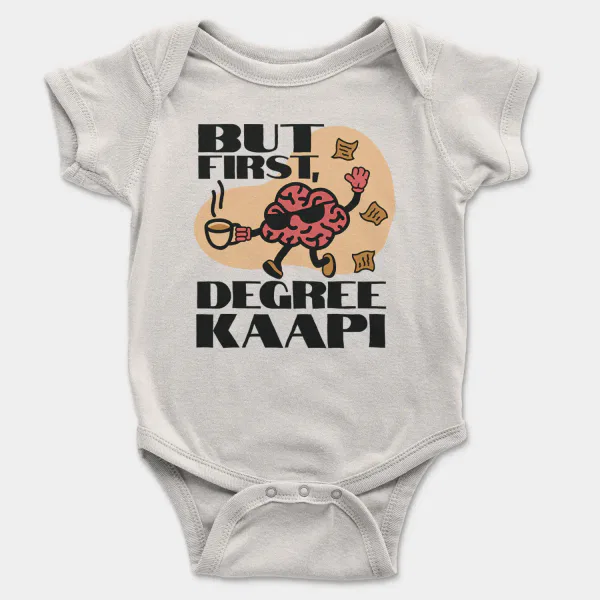 But First Degree Kaapi Short Sleeve Baby Onesie in White Color