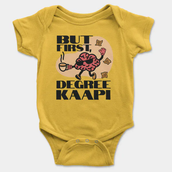But First Degree Kaapi Short Sleeve Baby Onesie in Yellow Color