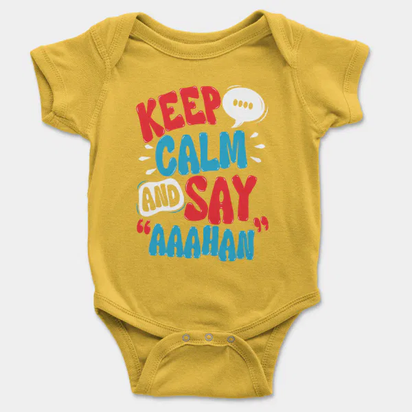 Keep Calm And Say Aaahan Short Sleeve Baby Onesie in Yellow Color