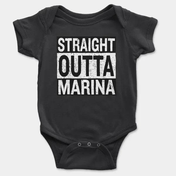 Straight Outta Marina Short Sleeve Baby Onesie in Black Color
