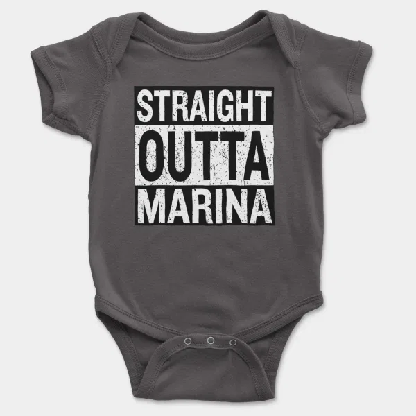 Straight Outta Marina Short Sleeve Baby Onesie in Charcoal Color