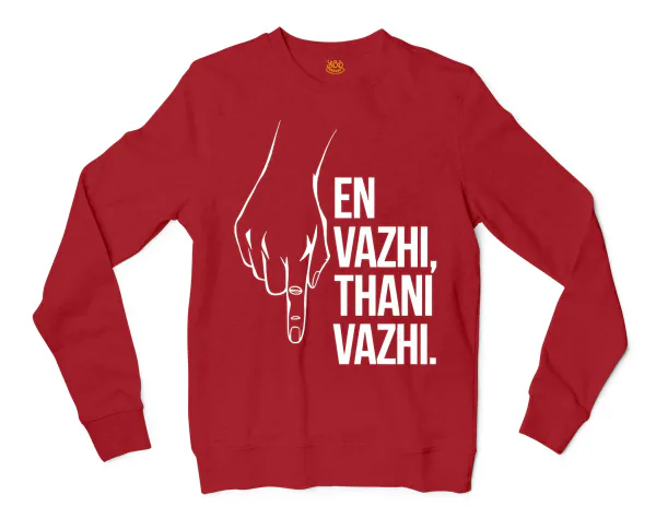 En Vazhi, Thani Vazhi (White) Men/Unisex Long Sleeve Sweatshirt in Cherry Red Color