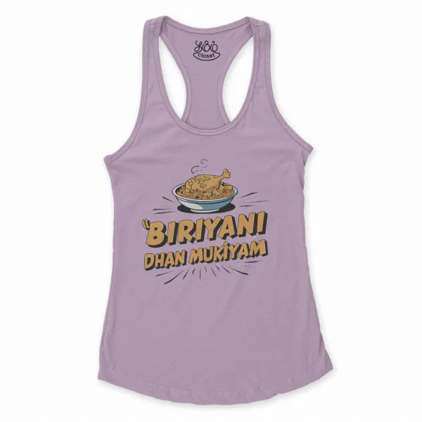 Biriyani Dhan Mukiyam Women's Racerback Tank in Lilac Color
