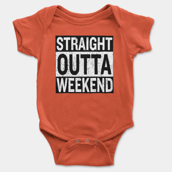 Straight Outta Weekend Short Sleeve Baby Onesie in Orange Color
