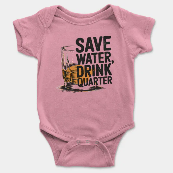 Save Water Drink Quarter Short Sleeve Baby Onesie in Pink Color