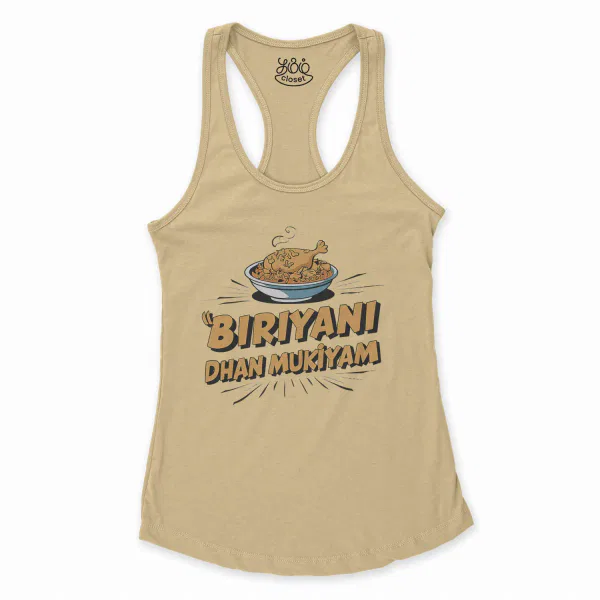 Biriyani Dhan Mukiyam Women's Racerback Tank in Solid Banana Cream Color