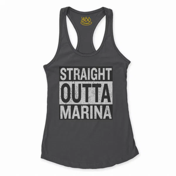 Straight Outta Marina Women's Racerback Tank in Solid Black Color
