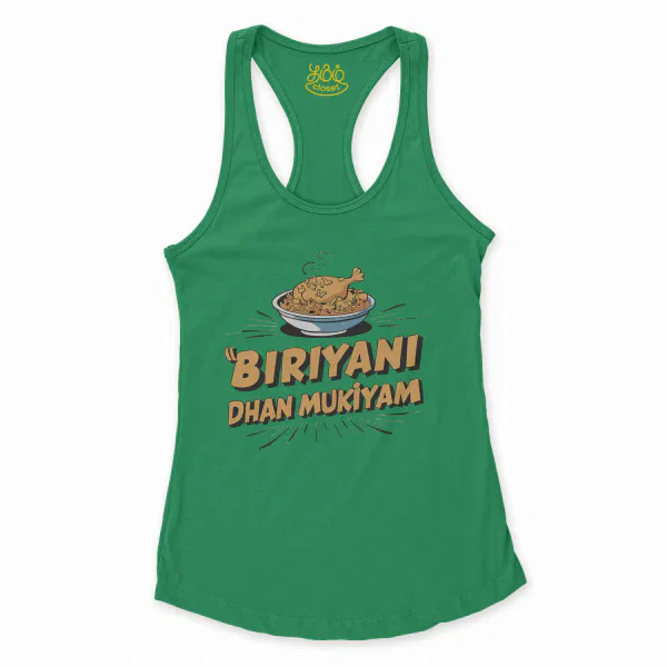 Biriyani Dhan Mukiyam Women's Racerback Tank in Solid Kelly Green Color