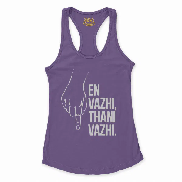 En Vazhi, Thani Vazhi (White) Women's Racerback Tank in Solid Purple Rush Color