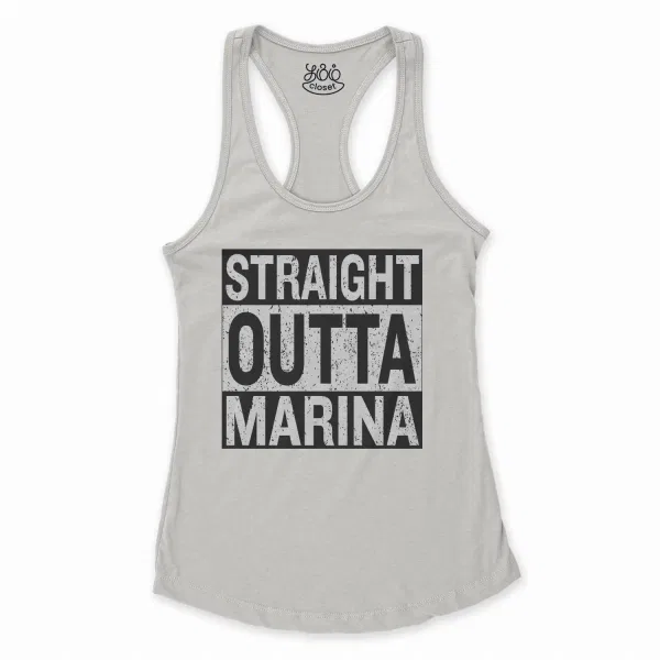 Straight Outta Marina Women's Racerback Tank in Solid White Color
