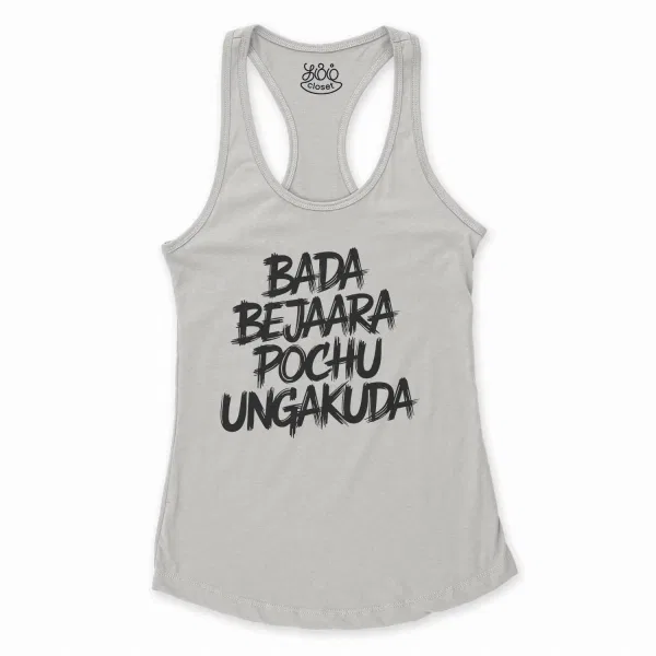 Bada Bejaara Pochu Ungakuda (Black) Women's Racerback Tank in Solid White Color