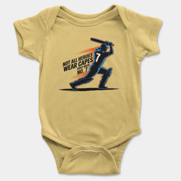 Not All Heroes Wear Capes, Some Wear No. 7 Short Sleeve Baby Onesie in Butter Color