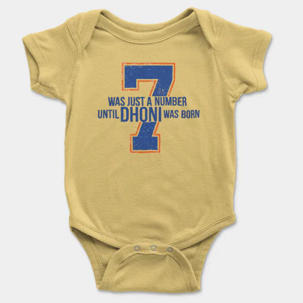 7 Was Just A Number, Until Dhoni Was Born Short Sleeve Baby Onesie in Butter Color