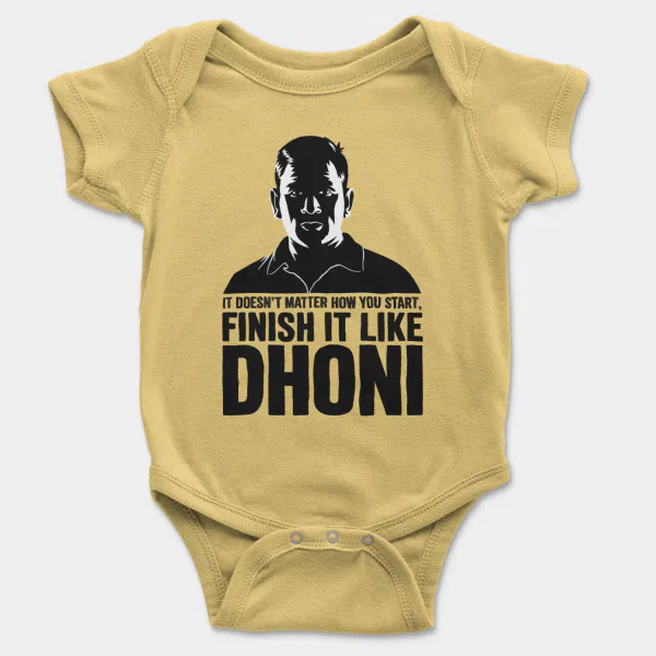 No Matter How You Start, Finish It Like Dhoni Short Sleeve Baby Onesie in Butter Color
