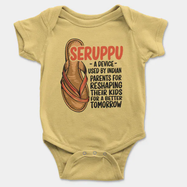 Seruppu - A Device Used By Indian Parents Short Sleeve Baby Onesie in Butter Color