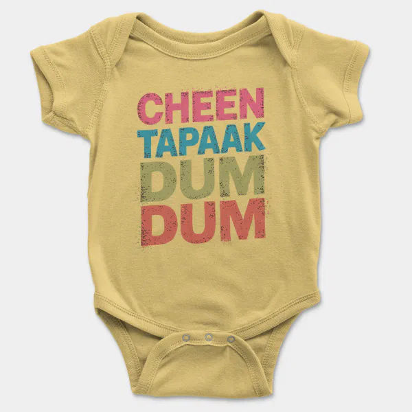 Cheen Tapaak Dum Dum Short Sleeve Baby Onesie in Butter Color