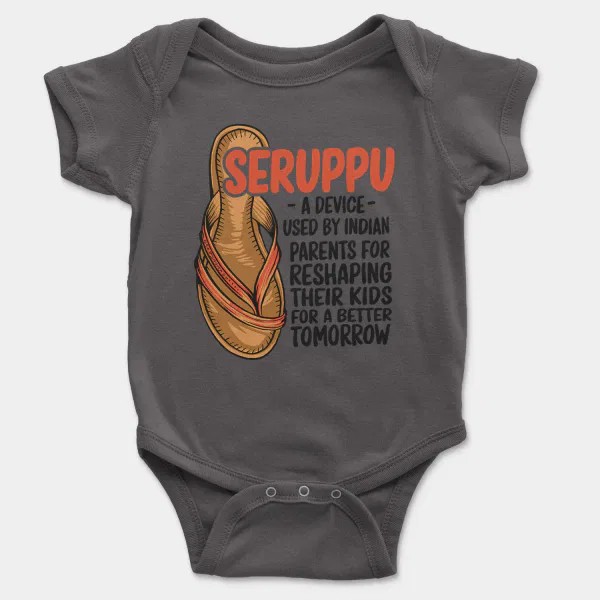 Seruppu - A Device Used By Indian Parents Short Sleeve Baby Onesie in Charcoal Color