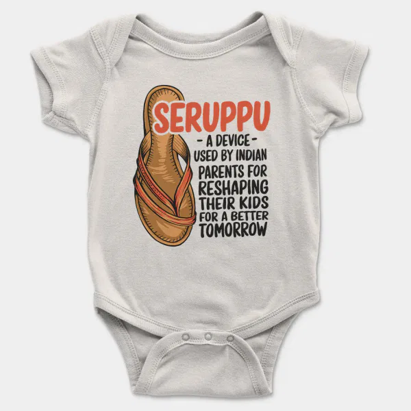 Seruppu - A Device Used By Indian Parents Short Sleeve Baby Onesie in White Color
