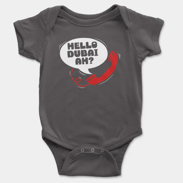 Hello Dubai Ah? Short Sleeve Baby Onesie in Charcoal Color