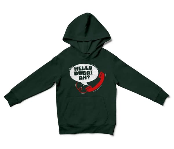 Hello Dubai Ah? Unisex Youth Hoodie in Forest Green Color