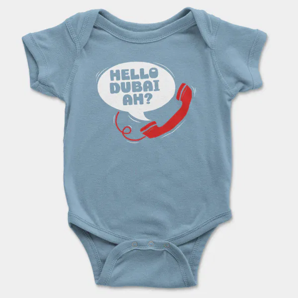 Hello Dubai Ah? Short Sleeve Baby Onesie in Light Blue Color
