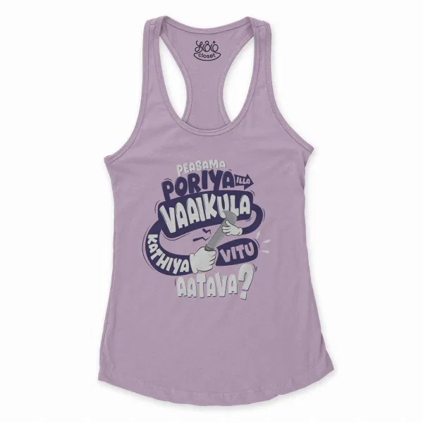 Peasama Poriya Ila Vaaikula Kathiya Vitu Aatava Women's Racerback Tank in Lilac Color