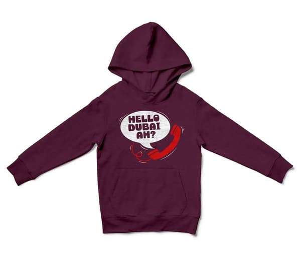 Hello Dubai Ah? Unisex Youth Hoodie in Maroon Color