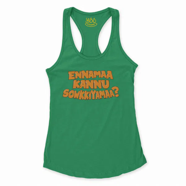 Ennamaa Kannu Sowkkiyamaa Women's Racerback Tank in Solid Kelly Green Color