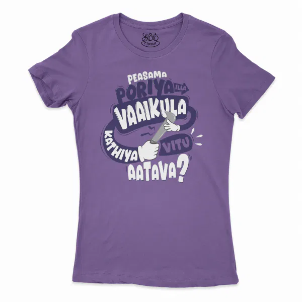 Peasama Poriya Ila Vaaikula Kathiya Vitu Aatava Women's T-Shirt in Solid Purple Rush Color
