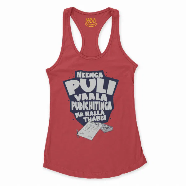 Neenga Puli Vaala Pudichitinga Mr Nalla Thambi Women's Racerback Tank in Solid Red Color
