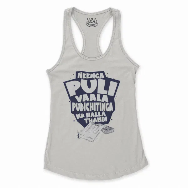 Neenga Puli Vaala Pudichitinga Mr Nalla Thambi Women's Racerback Tank in Solid White Color
