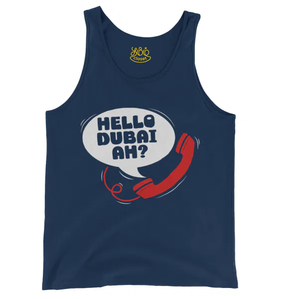Hello Dubai Ah? Men/Unisex Tank Top in True Navy Color