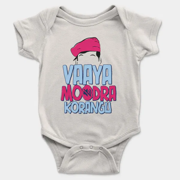 Vaaya Moodra Korangu Short Sleeve Baby Onesie in White Color