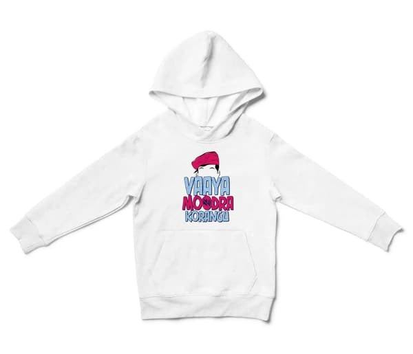 Vaaya Moodra Korangu Unisex Youth Hoodie in White Color