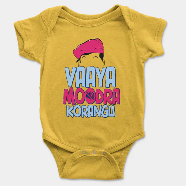 Vaaya Moodra Korangu Short Sleeve Baby Onesie in Yellow Color