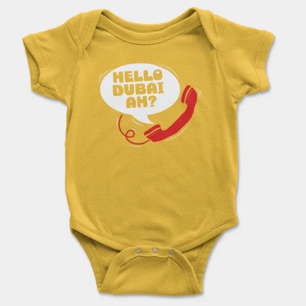 Hello Dubai Ah? Short Sleeve Baby Onesie in Yellow Color