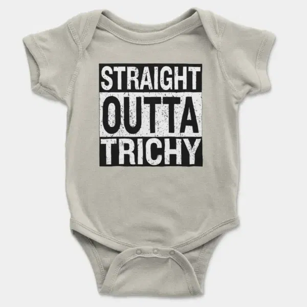 Straight Outta Trichy Short Sleeve Baby Onesie in Ash Color