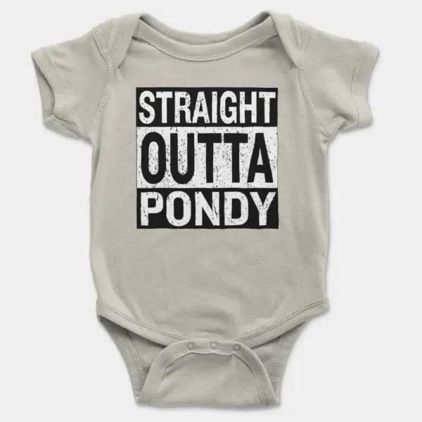 Straight Outta Pondy Short Sleeve Baby Onesie in Ash Color