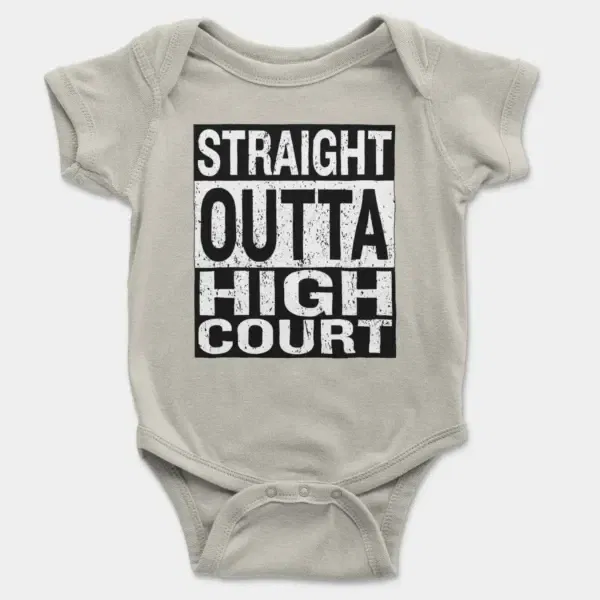 Straight Outta High Court Short Sleeve Baby Onesie in Ash Color