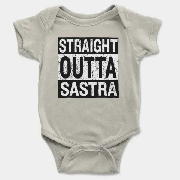 Straight Outta Sastra Short Sleeve Baby Onesie in Ash Color