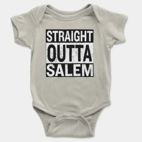 Straight Outta Salem Short Sleeve Baby Onesie in Ash Color