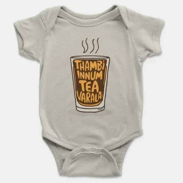 Thambi Innum Tea Varala Short Sleeve Baby Onesie in Ash Color