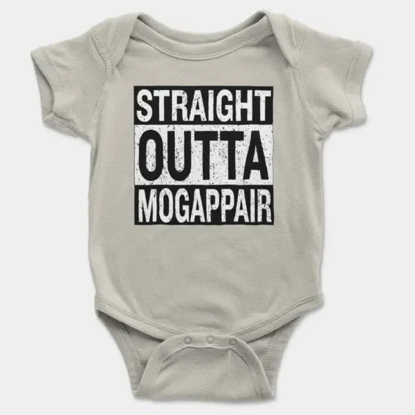 Straight Outta Mogappair Short Sleeve Baby Onesie in Ash Color